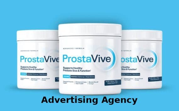 Three Prostavive supplement jars displayed against a blue background, with 'Advertising Agency' text overlayed